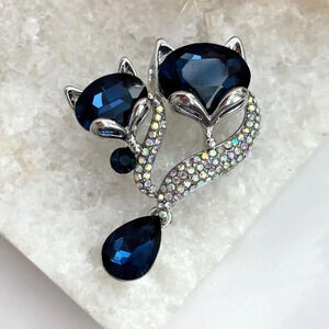 XL Blue & Iridescent Rhinestone Silver Toned Double Fox Large Dangle Brooch